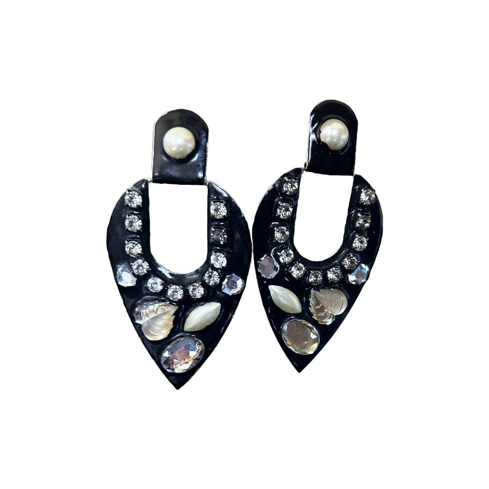 Vintage 80's Large Black Earrings with Gems Fernella’s N.Y.C Jools